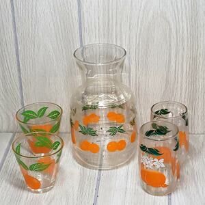 Vntg 1960s Orange Juice Carafe Juice Glasses And Shot Glasses Lot Of 5 Barware